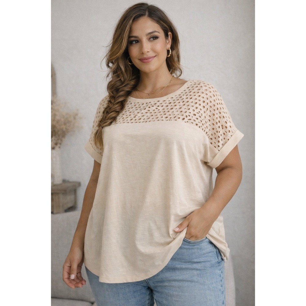 Lane Bryant Eyelet Lace Top 26/28 NWT Beige Plus Size Short Sleeve